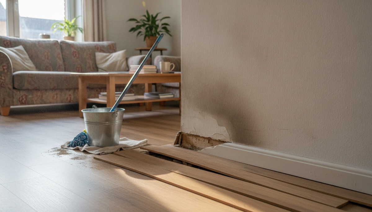 Waterschade in een woonkamer: natte muur en opbollend laminaat