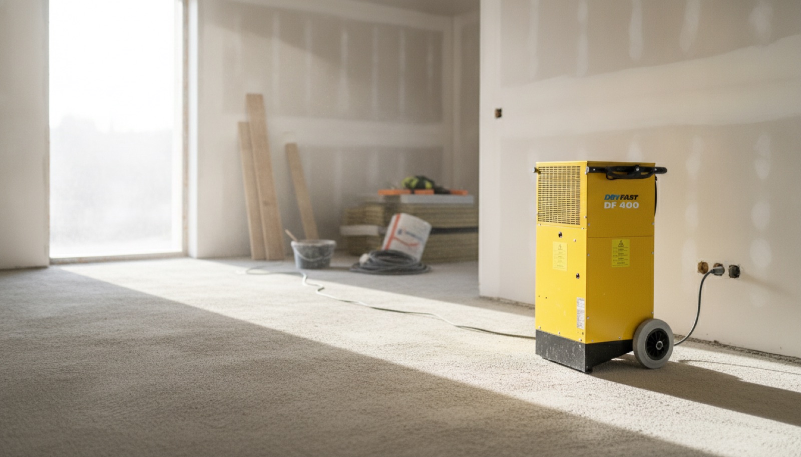 Dryfast DF400 bouwdroger aan het werk in een woning in ruwbouw